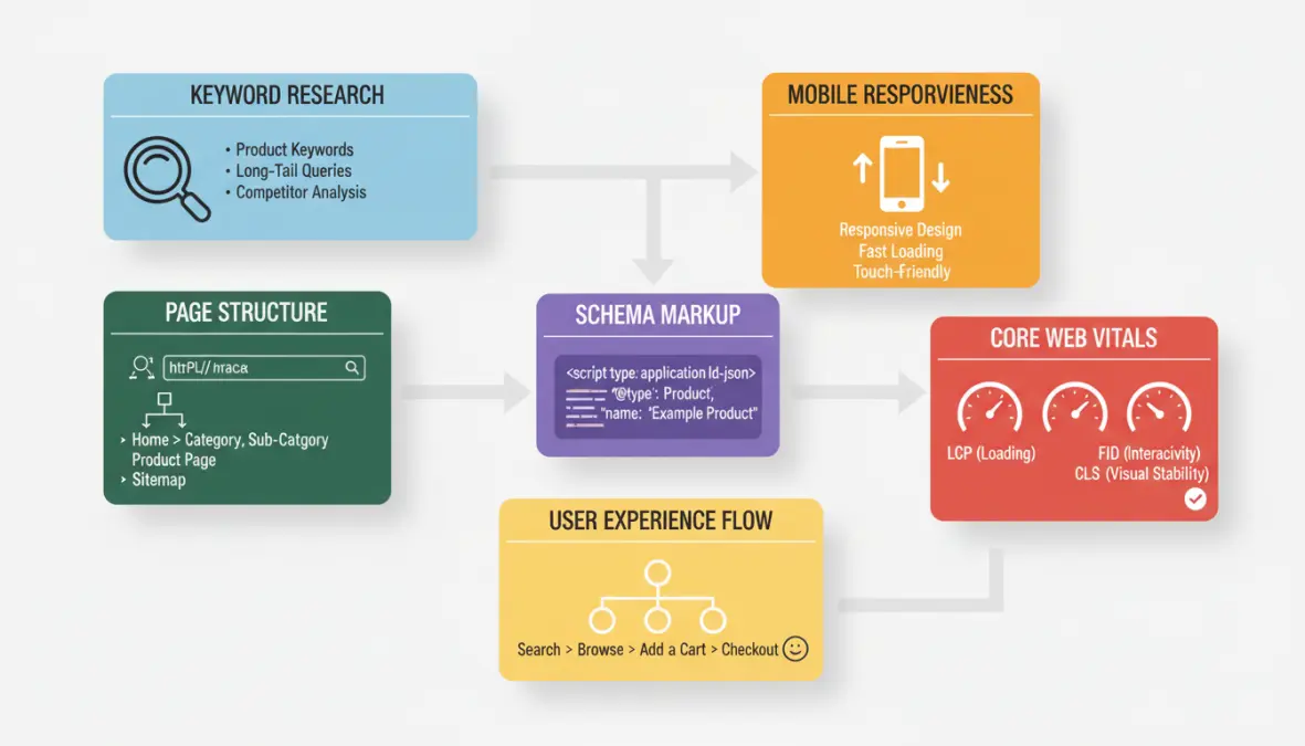 Infografica degli elementi tecnici per l'ottimizzazione SEO di un ecommerce con keyword research e Core Web Vitals