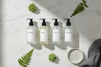 Skincare maschile routine: prodotti essenziali per la cura della pelle uomo disposti su superficie in marmo bianco con sfondo minimalista