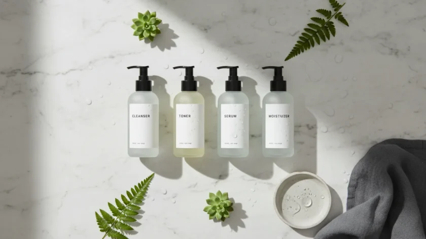 Skincare maschile routine: prodotti essenziali per la cura della pelle uomo disposti su superficie in marmo bianco con sfondo minimalista