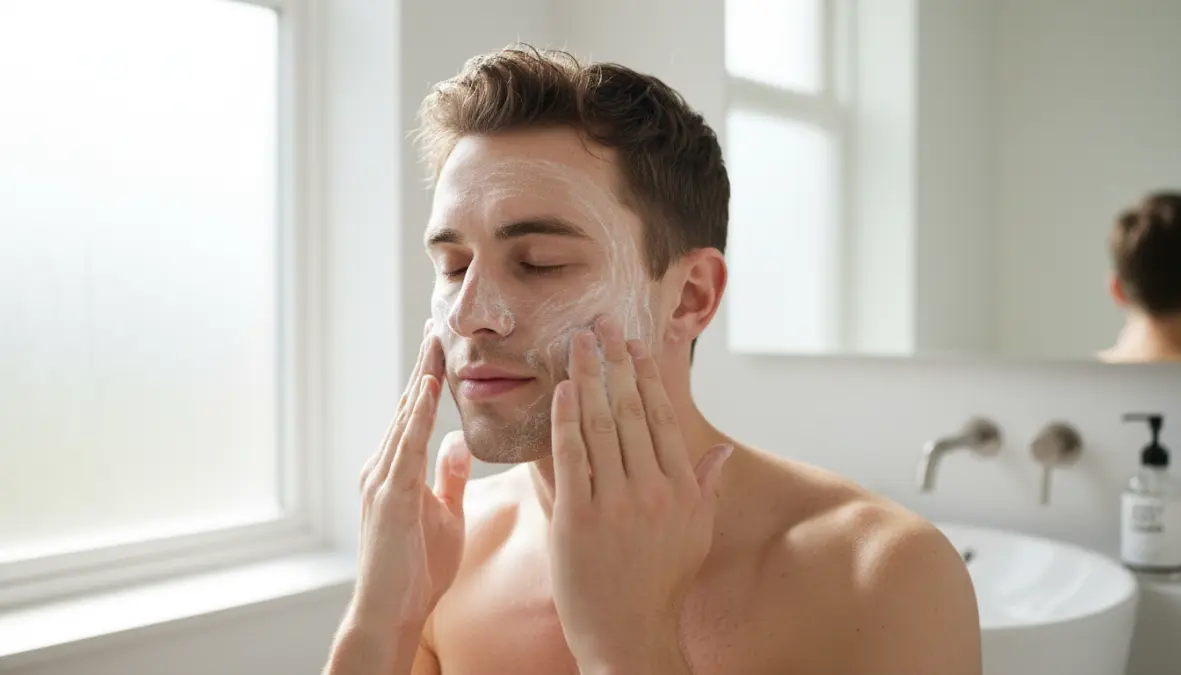Uomo che applica detergente viso durante la routine skincare maschile quotidiana con la corretta tecnica di detersione