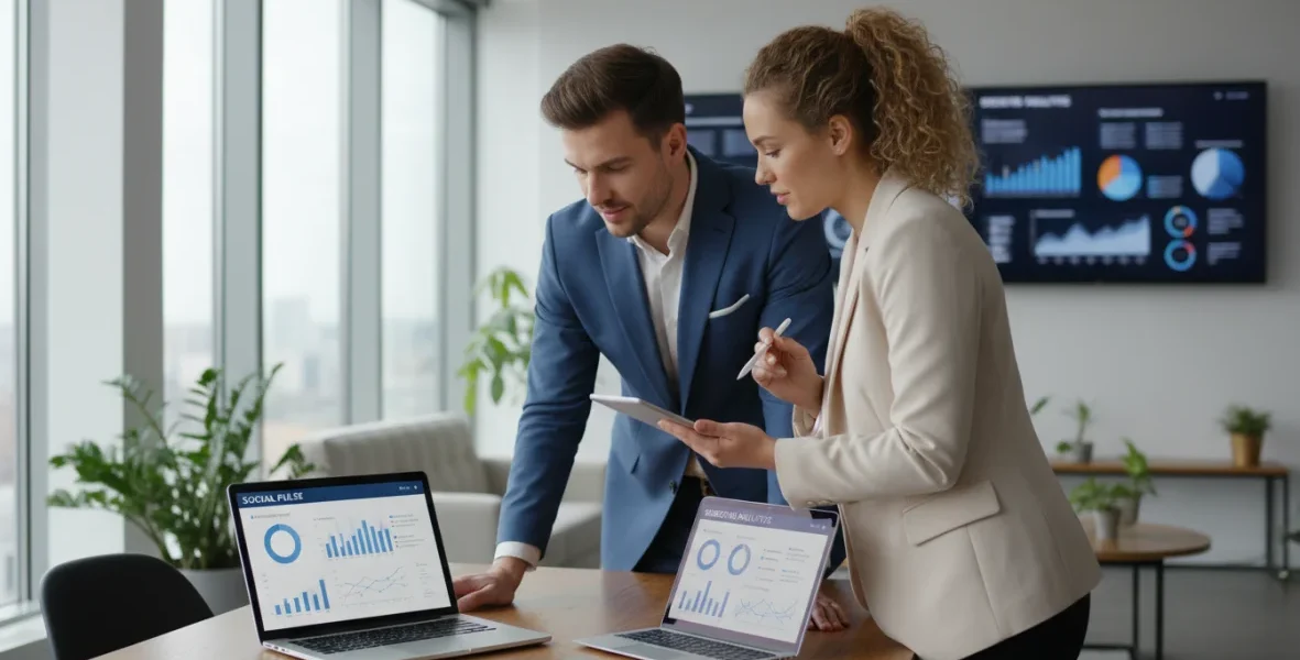 Social media strategy: professionisti che pianificano una strategia di marketing sui social media con laptop e analitiche digitali visibili sullo schermo