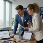 Social media strategy: professionisti che pianificano una strategia di marketing sui social media con laptop e analitiche digitali visibili sullo schermo