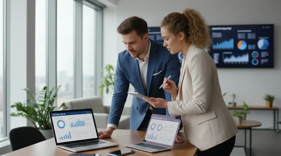 Social media strategy: professionisti che pianificano una strategia di marketing sui social media con laptop e analitiche digitali visibili sullo schermo