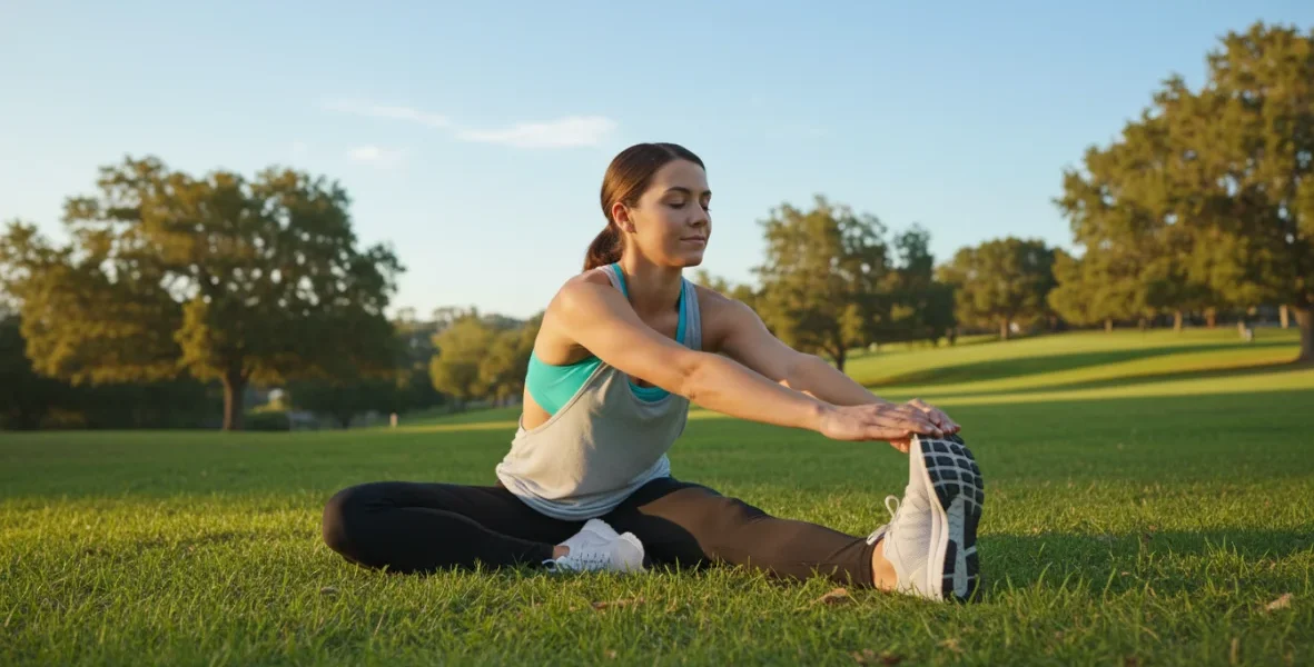 Donna che esegue stretching dopo allenamento all'aperto, mostra corretta tecnica di allungamento muscolare per il recupero