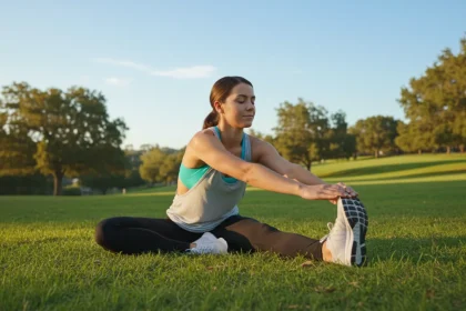 Donna che esegue stretching dopo allenamento all'aperto, mostra corretta tecnica di allungamento muscolare per il recupero