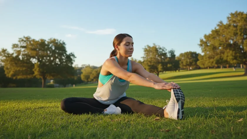 Donna che esegue stretching dopo allenamento all'aperto, mostra corretta tecnica di allungamento muscolare per il recupero