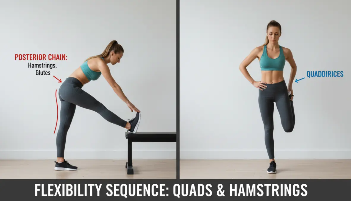 Esercizi stretching post-allenamento per quadricipiti e muscoli posteriori della coscia, dimostrazione corretta della tecnica