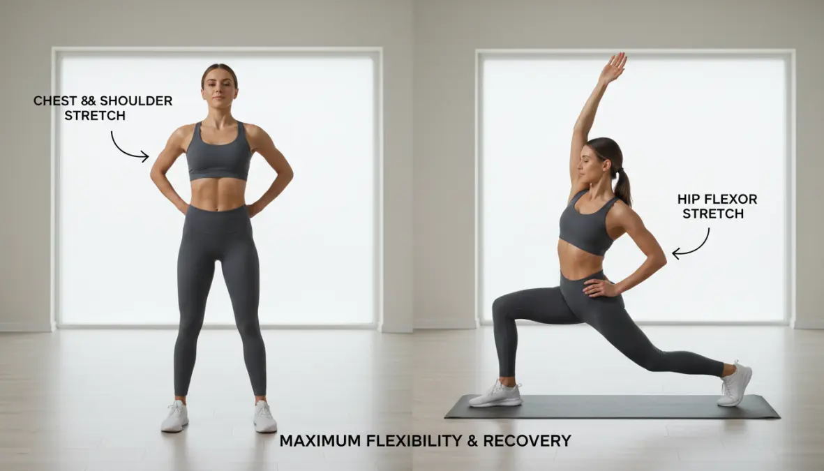 Allungamenti post-training per spalle, petto e flessori dell'anca, routine completa stretching 10 minuti