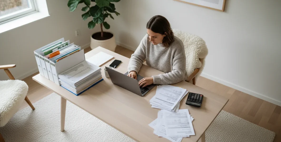 Spazio di lavoro professionista con fatture, calcolatrice e documenti fiscali per gestire le tasse lavoro freelance