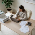 Spazio di lavoro professionista con fatture, calcolatrice e documenti fiscali per gestire le tasse lavoro freelance