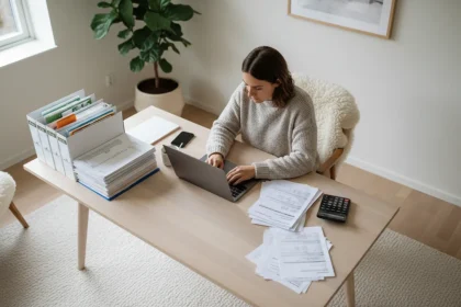 Spazio di lavoro professionista con fatture, calcolatrice e documenti fiscali per gestire le tasse lavoro freelance