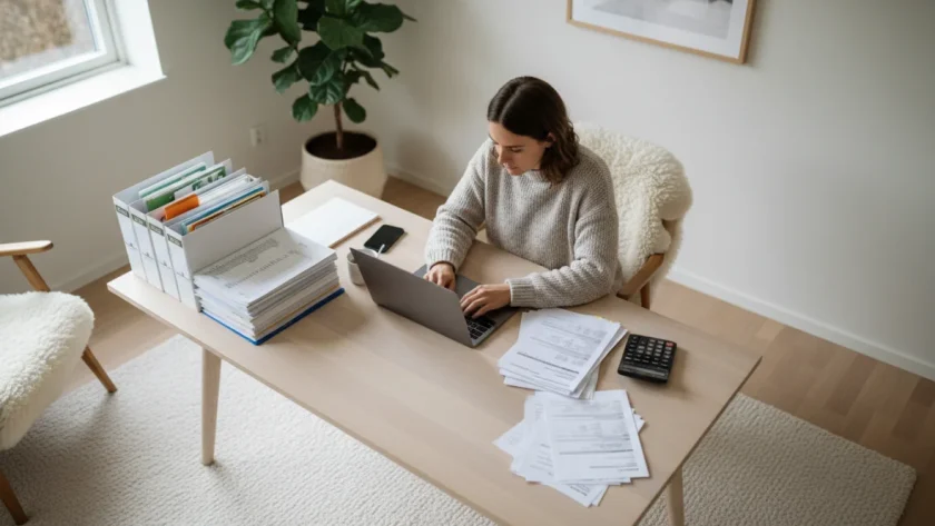 Spazio di lavoro professionista con fatture, calcolatrice e documenti fiscali per gestire le tasse lavoro freelance