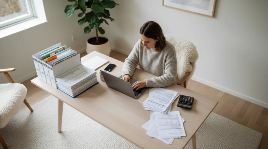 Spazio di lavoro professionista con fatture, calcolatrice e documenti fiscali per gestire le tasse lavoro freelance