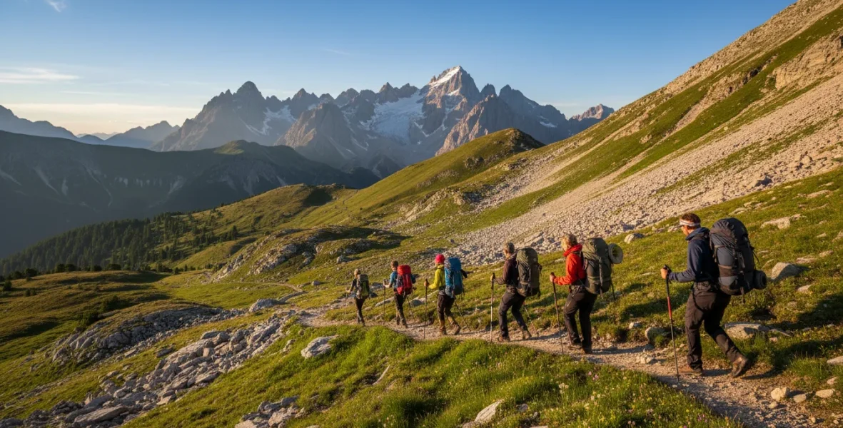 Escursionisti in trekking su sentiero di montagna con attrezzatura essenziale e panorama alpino sullo sfondo