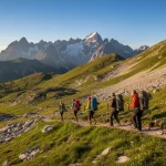 Escursionisti in trekking su sentiero di montagna con attrezzatura essenziale e panorama alpino sullo sfondo