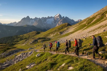 Escursionisti in trekking su sentiero di montagna con attrezzatura essenziale e panorama alpino sullo sfondo