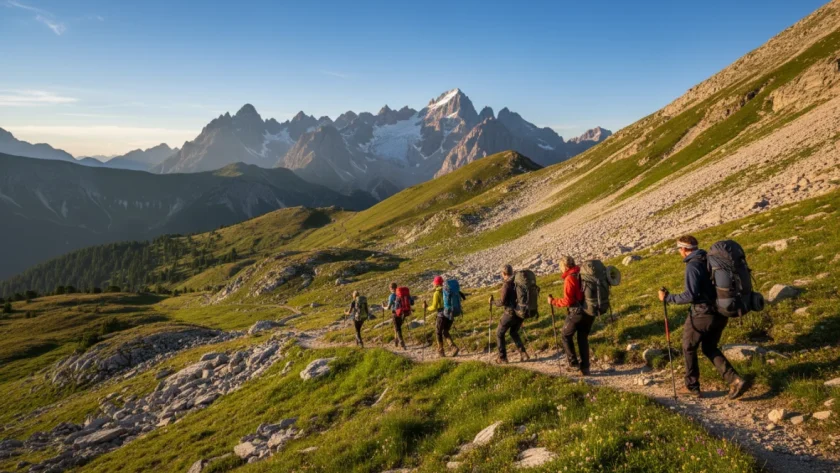 Escursionisti in trekking su sentiero di montagna con attrezzatura essenziale e panorama alpino sullo sfondo
