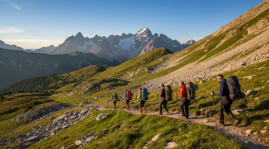 Escursionisti in trekking su sentiero di montagna con attrezzatura essenziale e panorama alpino sullo sfondo