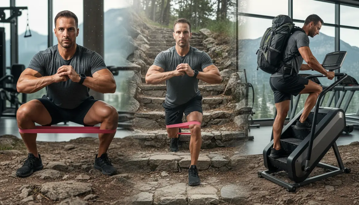 Esercizi di allenamento per escursioni: preparazione fisica trekking con squats, affondi e arrampicata su scale