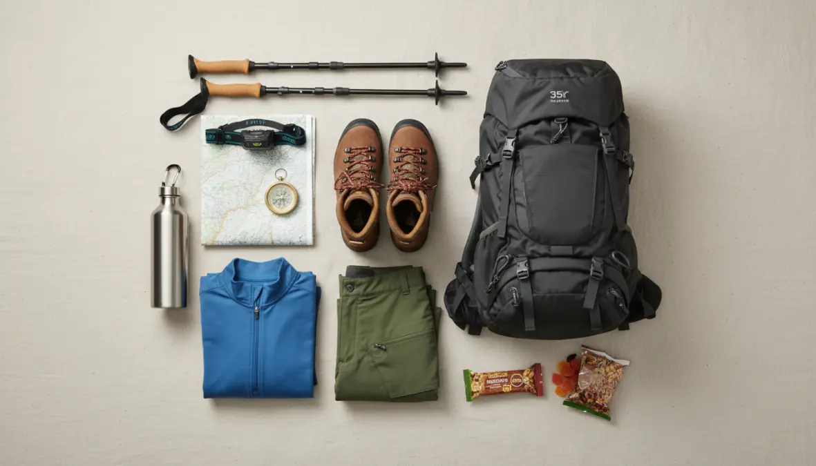Attrezzatura trekking essenziale completa: zaino, scarpe, abbigliamento tecnico, bastoni e accessori per escursionismo