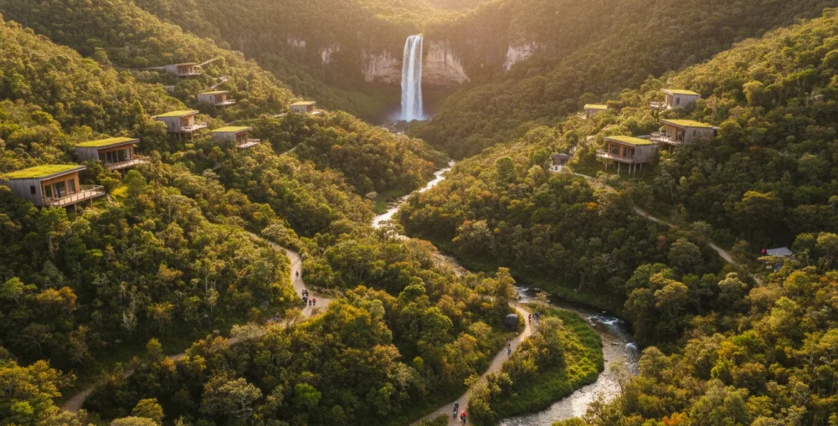 Panorama aereo di una valle verde con strutture di turismo sostenibile immerse nella natura, illustrazione del concetto di turismo responsabile e conservazione ambientale