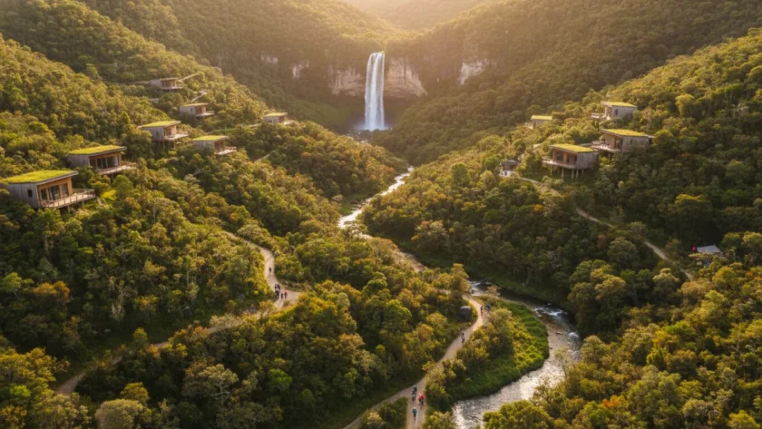 Panorama aereo di una valle verde con strutture di turismo sostenibile immerse nella natura, illustrazione del concetto di turismo responsabile e conservazione ambientale