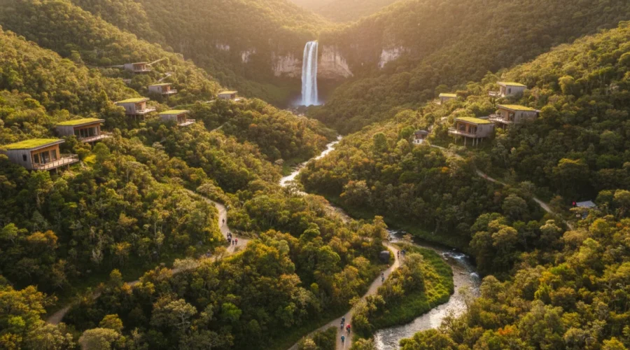 Panorama aereo di una valle verde con strutture di turismo sostenibile immerse nella natura, illustrazione del concetto di turismo responsabile e conservazione ambientale