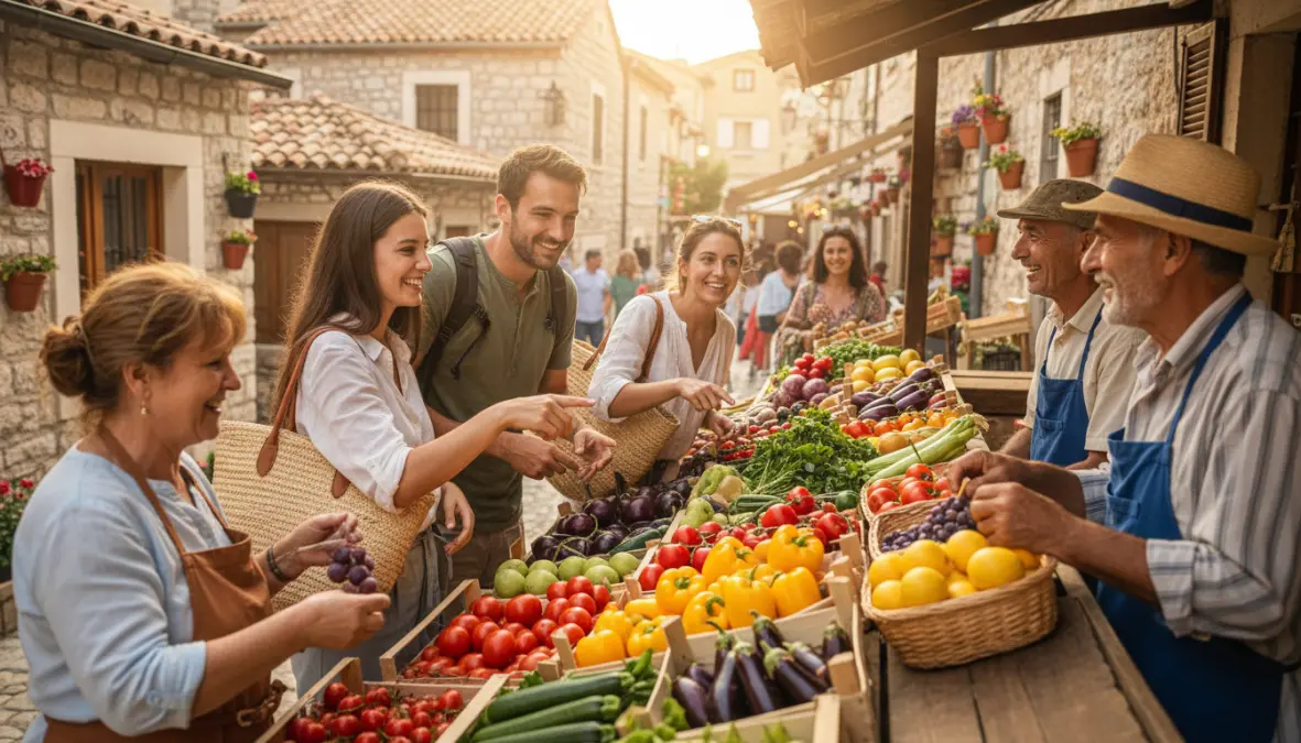 Turisti al mercato locale di un villaggio che acquistano prodotti biologici locali, esempio di turismo consapevole e supporto alle comunità locali