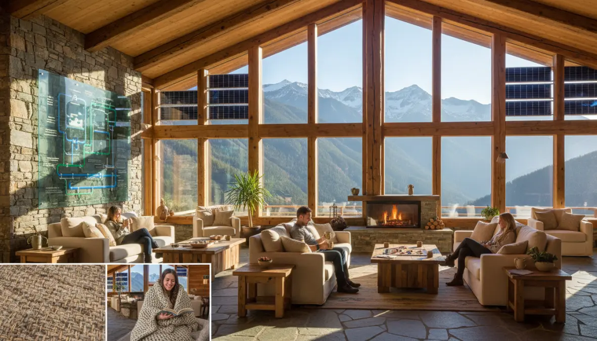 Interno di un alloggio eco-friendly con materiali sostenibili e pannelli solari, esempio di strutture ricettive per turismo verde e turismo consapevole