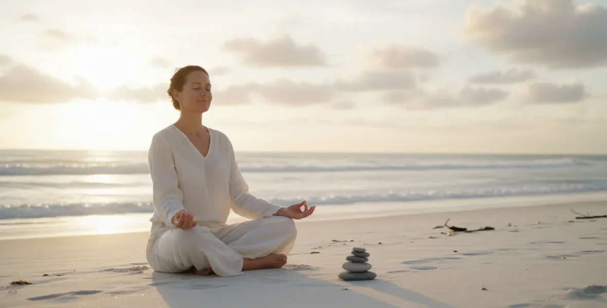 Donna che pratica meditazione consapevole sulla spiaggia durante una vacanza consapevole con mindfulness
