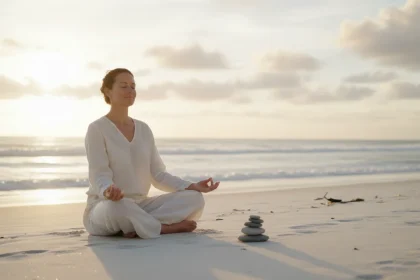 Donna che pratica meditazione consapevole sulla spiaggia durante una vacanza consapevole con mindfulness