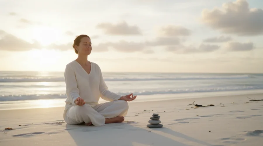 Donna che pratica meditazione consapevole sulla spiaggia durante una vacanza consapevole con mindfulness