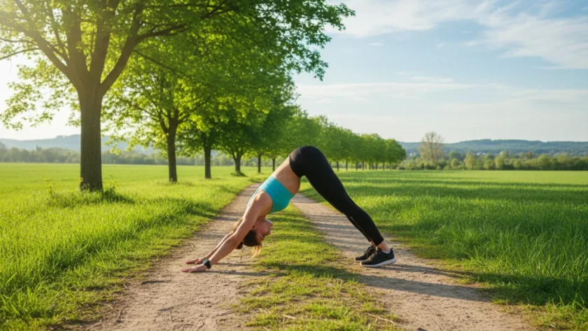 Runner che pratica yoga in posizione Downward Dog per aumentare flessibilità e prevenire infortuni durante l'allenamento