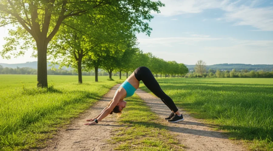 Runner che pratica yoga in posizione Downward Dog per aumentare flessibilità e prevenire infortuni durante l'allenamento